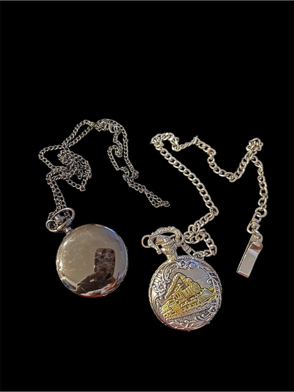 2 Pc Men's /Women’s Silver-Tone Pocket Watch Necklace with Train Engraving